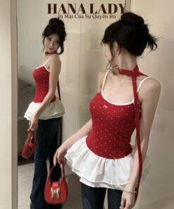 Áo 2 Dây Mùa Hè - Áo Thun Phối Nhún Bèo Chấm Bi Dễ Thương Kèm Dây Cột AO05 9