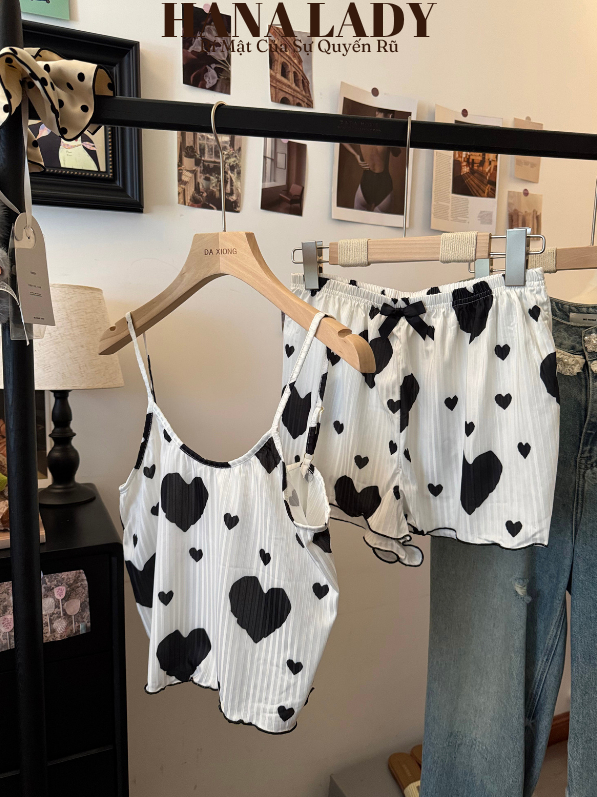 Đồ Ngủ Nữ 2 Dây - Đồ Bộ Thun Mặc Nhà Họa Tiết Trái Tim, Bộ Ngủ Quần Short Ngắn Sexy VN650 12