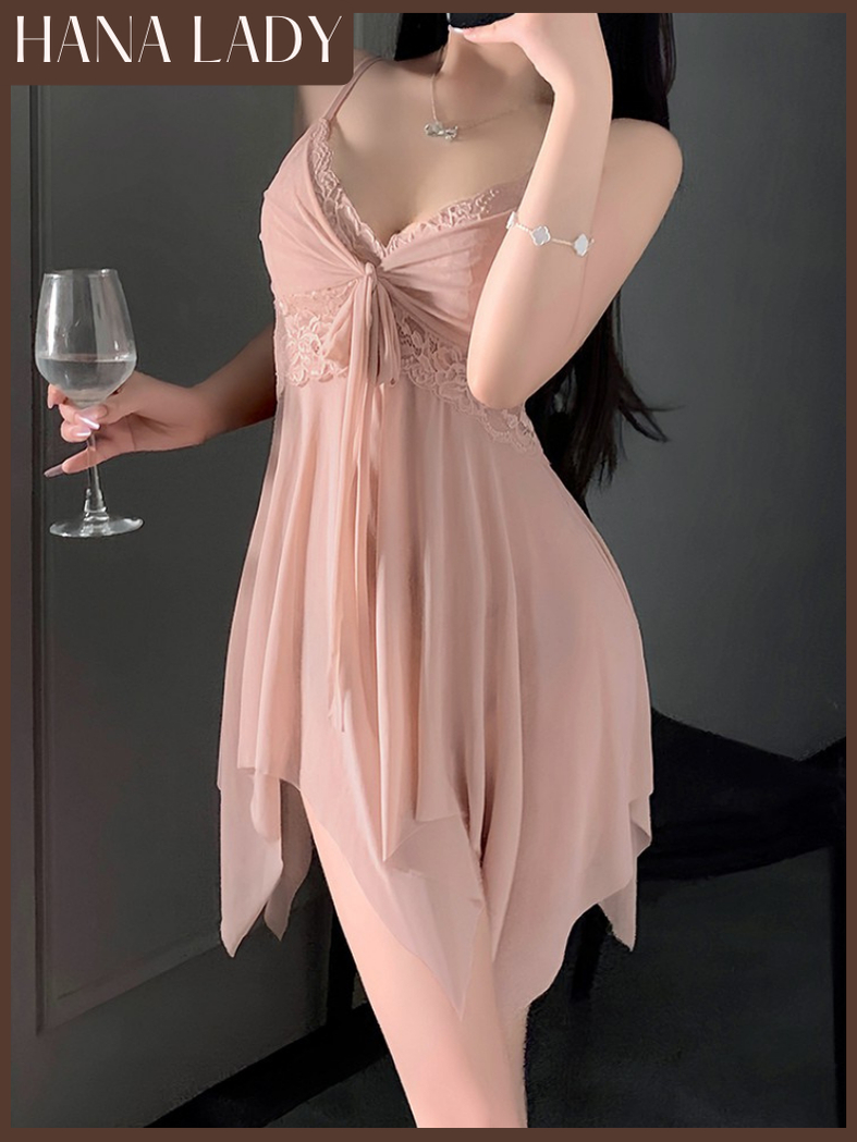 Váy Ngủ Ren Nữ - Đầm Ngủ Voan Mịn 2 Dây Dáng Xòe Thắt Nơ Vòng 1 V664 14