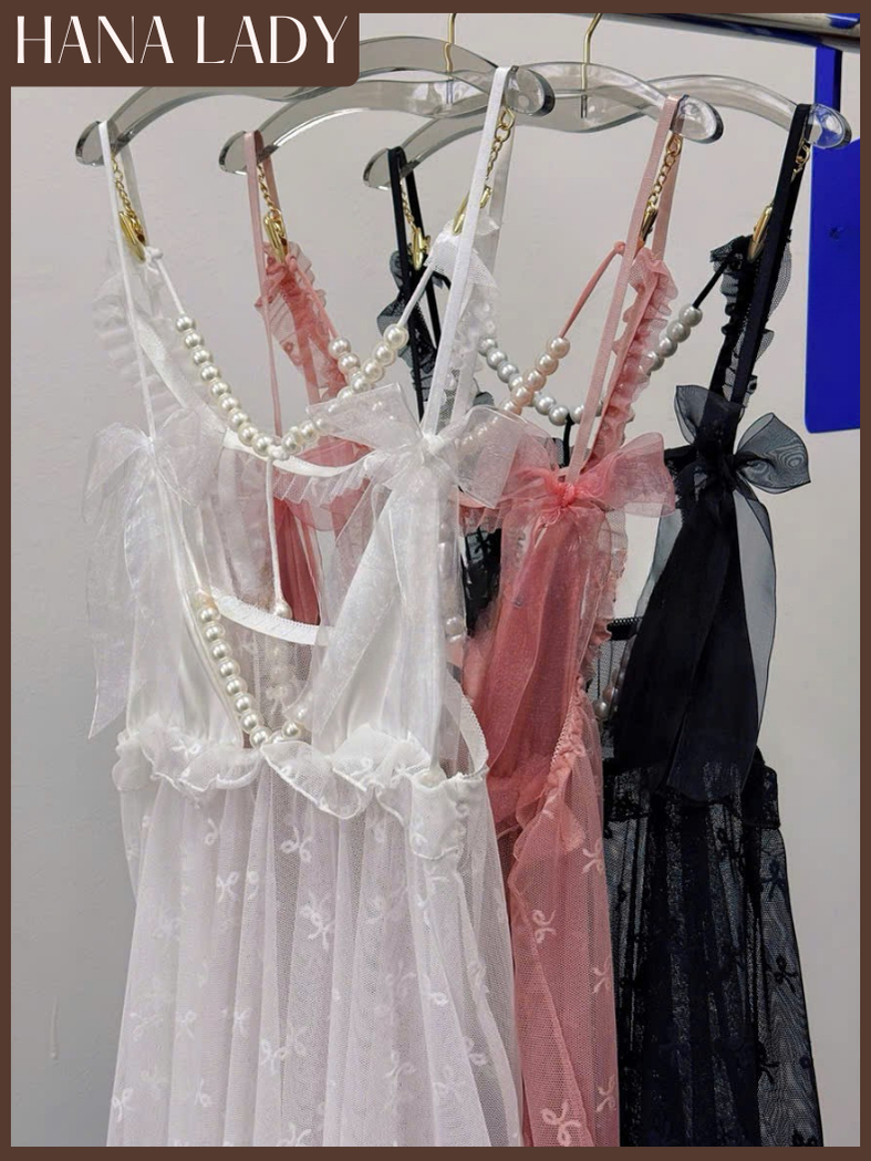 Váy Ngủ Ren - Đầm Ngủ Xòe Ren Mỏng Đính Nơ Phối Dây Ngọc VN661 16