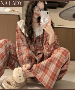 Bộ Đồ Ngủ Pyjama Dáng Dài Mặc Nhà Nữ Caro Cổ Tròn Phối Ren Tiểu Thư Thu Đông PJ580 21