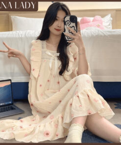 Váy Ngủ Đũi Xốp Mềm Mặc Nhà Dáng Dài Cổ Vuông Phối Ren Họa Tiết Dễ Thương VN686 15