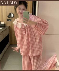 Bộ Đồ Ngủ Pyjama Dáng Dài Mặc Nhà Nữ Caro Cổ Tròn Phối Ren Tiểu Thư Thu Đông PJ580 20