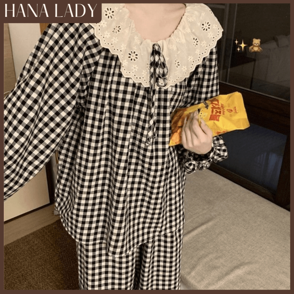 Bộ Đồ Ngủ Pyjama Dáng Dài Mặc Nhà Nữ Caro Cổ Tròn Phối Ren Tiểu Thư Thu Đông PJ580 23