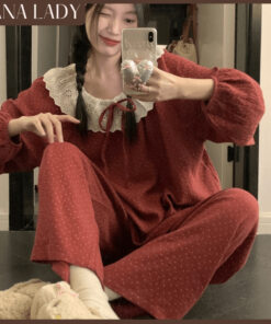 Bộ Đồ Ngủ Pyjama Dáng Dài Mặc Nhà Nữ Caro Cổ Tròn Phối Ren Tiểu Thư Thu Đông PJ580 19
