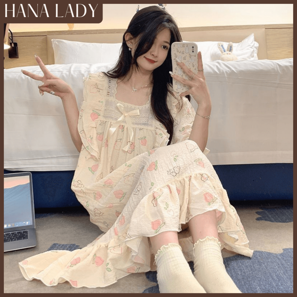 Váy Ngủ Đũi Xốp Mềm Mặc Nhà Dáng Dài Cổ Vuông Phối Ren Họa Tiết Dễ Thương VN686 18