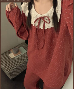 Bộ Đồ Ngủ Pyjama Dáng Dài Mặc Nhà Nữ Caro Cổ Tròn Phối Ren Tiểu Thư Thu Đông PJ580 18