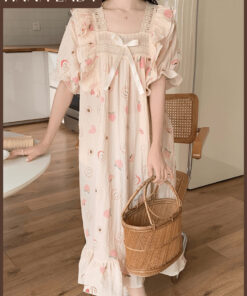 Váy Ngủ Đũi Xốp Mềm Mặc Nhà Dáng Dài Cổ Vuông Phối Ren Họa Tiết Dễ Thương VN686 13