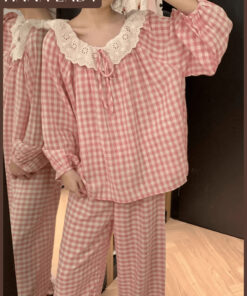 Bộ Đồ Ngủ Pyjama Dáng Dài Mặc Nhà Nữ Caro Cổ Tròn Phối Ren Tiểu Thư Thu Đông PJ580 17