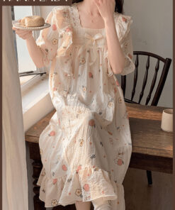 Váy Ngủ Đũi Xốp Mềm Mặc Nhà Dáng Dài Cổ Vuông Phối Ren Họa Tiết Dễ Thương VN686 12