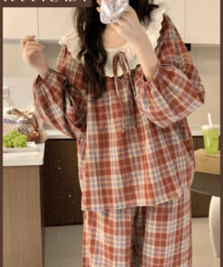 Bộ Đồ Ngủ Pyjama Dáng Dài Mặc Nhà Nữ Caro Cổ Tròn Phối Ren Tiểu Thư Thu Đông PJ580 16