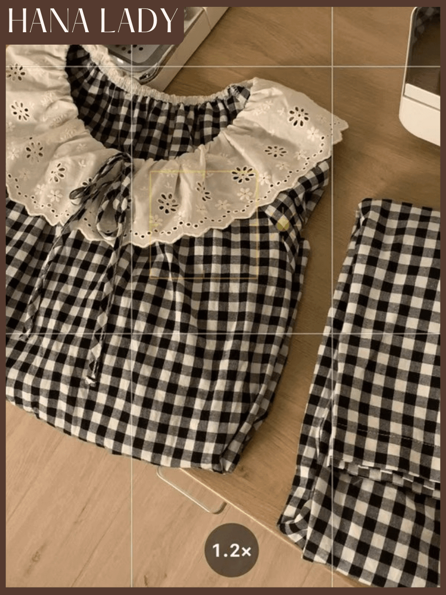 Bộ Đồ Ngủ Pyjama Dáng Dài Mặc Nhà Nữ Caro Cổ Tròn Phối Ren Tiểu Thư Thu Đông PJ580 22