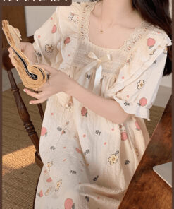 Váy Ngủ Đũi Xốp Mềm Mặc Nhà Dáng Dài Cổ Vuông Phối Ren Họa Tiết Dễ Thương VN686 10