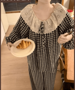 Bộ Đồ Ngủ Pyjama Dáng Dài Mặc Nhà Nữ Caro Cổ Tròn Phối Ren Tiểu Thư Thu Đông PJ580 14