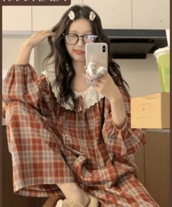 Bộ Đồ Ngủ Pyjama Dáng Dài Mặc Nhà Nữ Caro Cổ Tròn Phối Ren Tiểu Thư Thu Đông PJ580 13