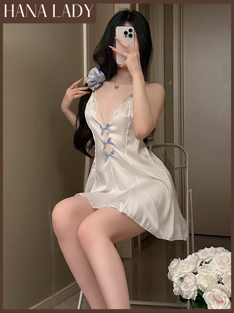 主图-02 Váy Ngủ Lụa Dáng Xòe Cổ V Xẻ Sâu Phối Ren Đính Nơ Xanh Cao Cấp VN682 6