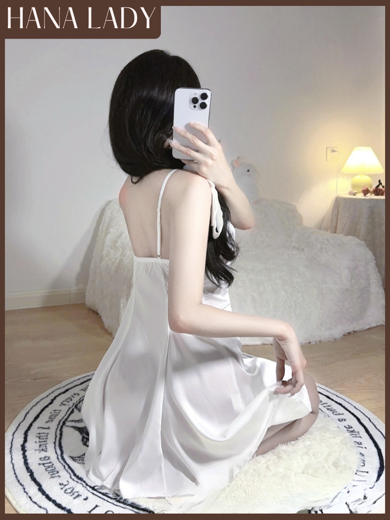 主图-04 Váy Ngủ Lụa Dáng Xòe Cổ V Xẻ Sâu Phối Ren Đính Nơ Xanh Cao Cấp VN682 5