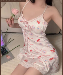 Váy Ngủ Lụa Dáng Xòe Phối Viền Ren Thắt Nơ Cổ Họa Tiết Cherry Đáng Yêu VN684 9