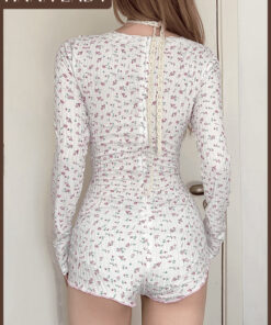 Bodysuit Cổ V Tay Dài Thun Tăm Họa Tiết Hoa Nhí Phối Viền Ren Điệu Đà BN179 7