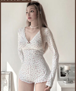 Bodysuit Cổ V Tay Dài Thun Tăm Họa Tiết Hoa Nhí Phối Viền Ren Điệu Đà BN179 6