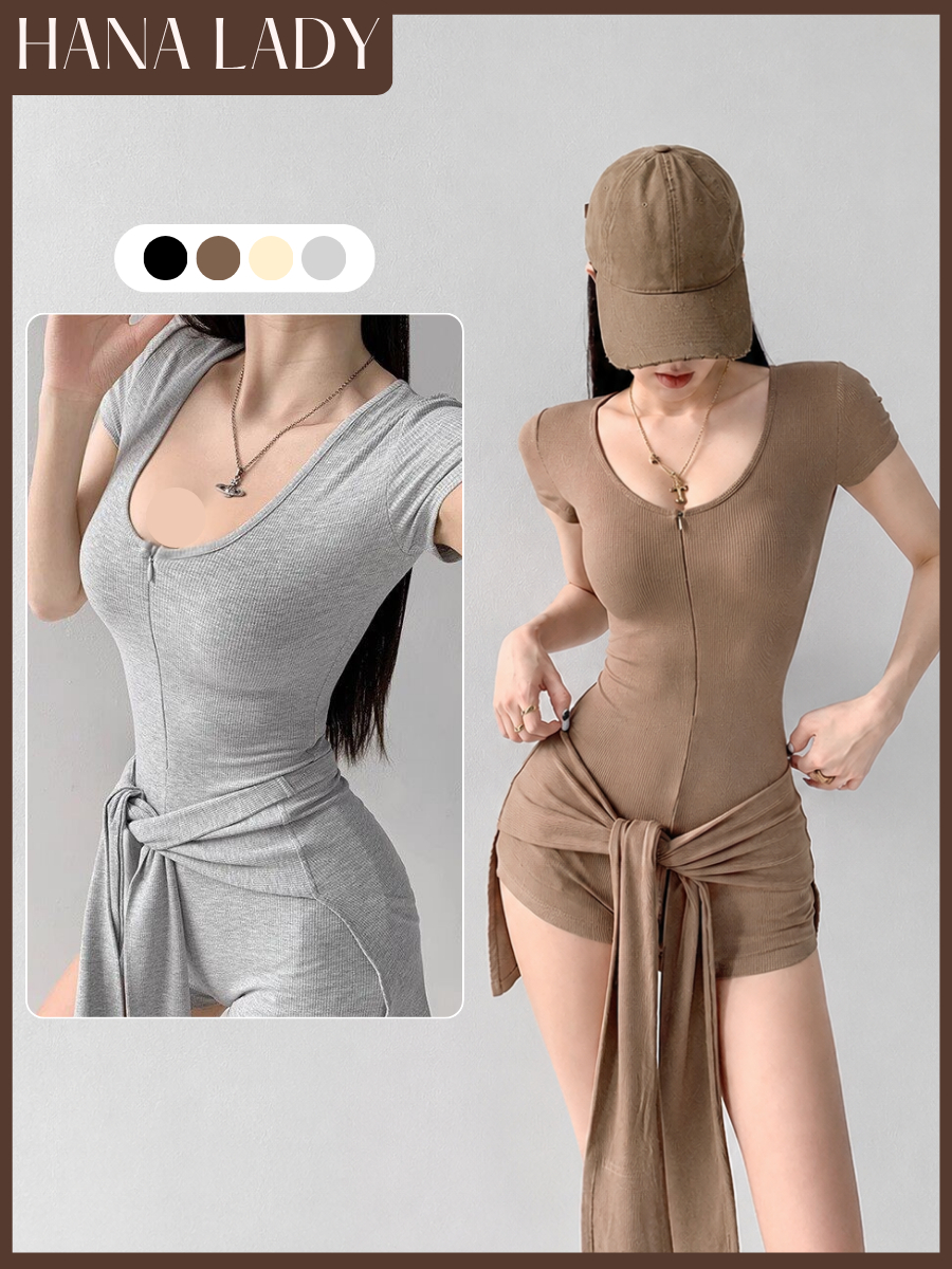 主图-01-主图-02 Bodysuit Tay Ngắn Năng Động - Jumpsuit Thể Thao Có Khoá Kéo Kèm Khăn Quấn Eo HanaLady - BTG07 3