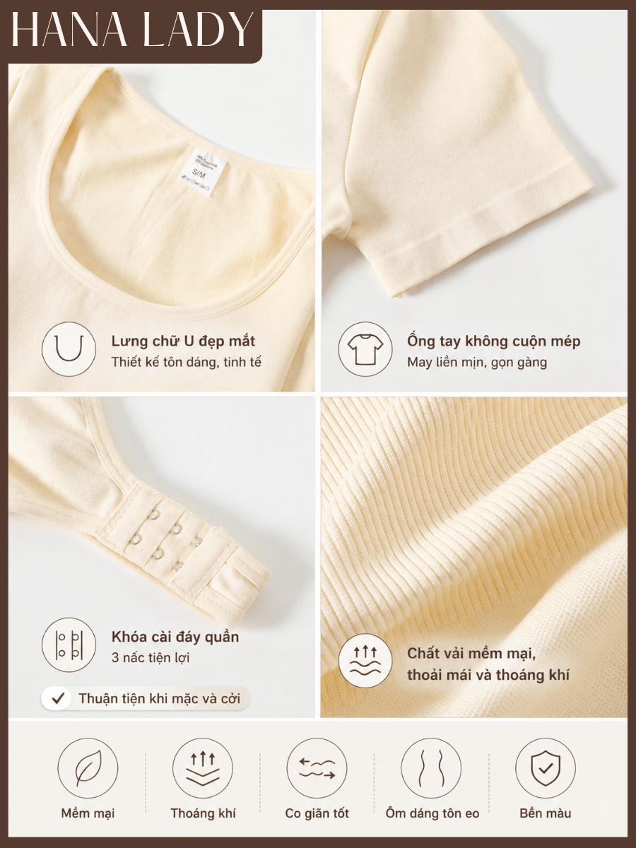 Bodysuit Định Hình Tay Ngắn Tạo Thắt Eo Ôm Dáng, Cổ Chữ U Tôn Vòng 1, Co Giãn 4 Chiều Cao Cấp HanaLady - SH07 13