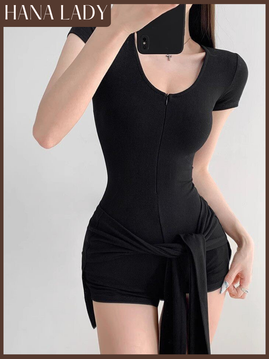 主图-02-主图-03 Bodysuit Tay Ngắn Năng Động - Jumpsuit Thể Thao Có Khoá Kéo Kèm Khăn Quấn Eo HanaLady - BTG07 6