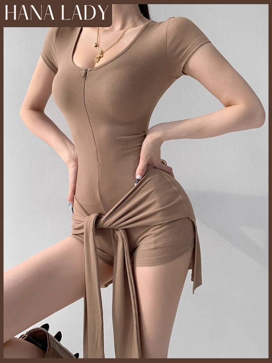 主图-04-主图-05 Bodysuit Tay Ngắn Năng Động - Jumpsuit Thể Thao Có Khoá Kéo Kèm Khăn Quấn Eo HanaLady - BTG07 4