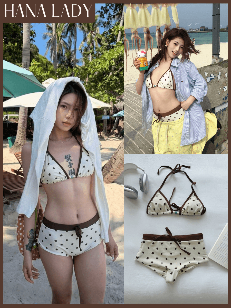 main-01 Bikini 2 Mảnh Đi Biển Màu Vàng Phối Nâu Tây, Set Đồ Bơi Quần Cạp Thấp Họa Tiết Ngôi Sao Hottrend HanaLady - BN182 3