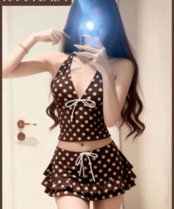 Bikini 3 Món Chấm Bi Đi Biển, Set Đồ Bơi Kiểu Yếm Phối Chân Váy Bèo Quần Chip Tone Nâu Vintage HanaLady - BN183 13