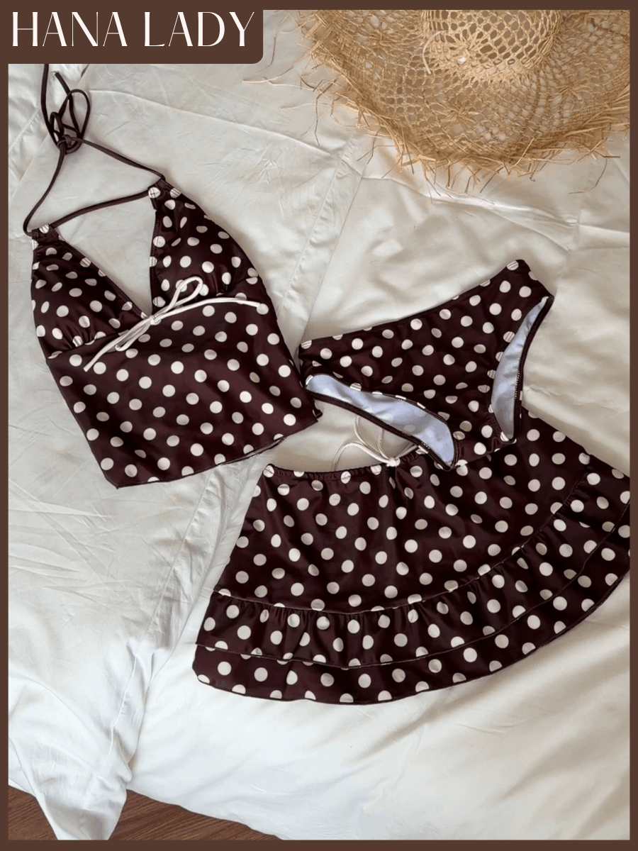 Bikini 3 Món Chấm Bi Đi Biển, Set Đồ Bơi Kiểu Yếm Phối Chân Váy Bèo Quần Chip Tone Nâu Vintage HanaLady - BN183 15
