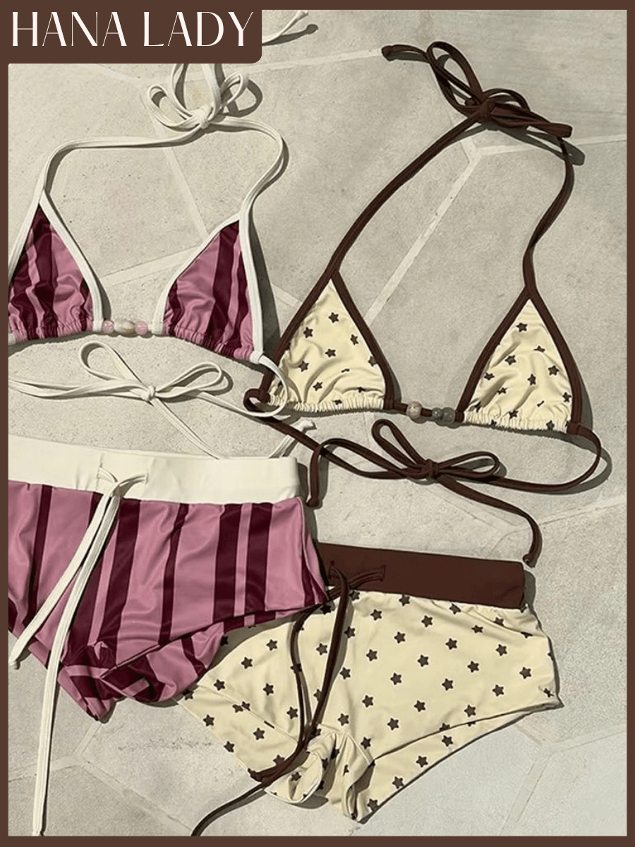 Bikini 2 Mảnh Đi Biển Màu Vàng Phối Nâu Tây, Set Đồ Bơi Quần Cạp Thấp Họa Tiết Ngôi Sao Hottrend HanaLady - BN182 14