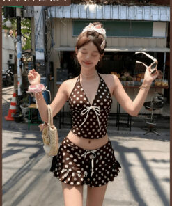 Bikini 3 Món Chấm Bi Đi Biển, Set Đồ Bơi Kiểu Yếm Phối Chân Váy Bèo Quần Chip Tone Nâu Vintage HanaLady - BN183 12