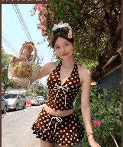 Bikini 3 Món Chấm Bi Đi Biển, Set Đồ Bơi Kiểu Yếm Phối Chân Váy Bèo Quần Chip Tone Nâu Vintage HanaLady - BN183 11