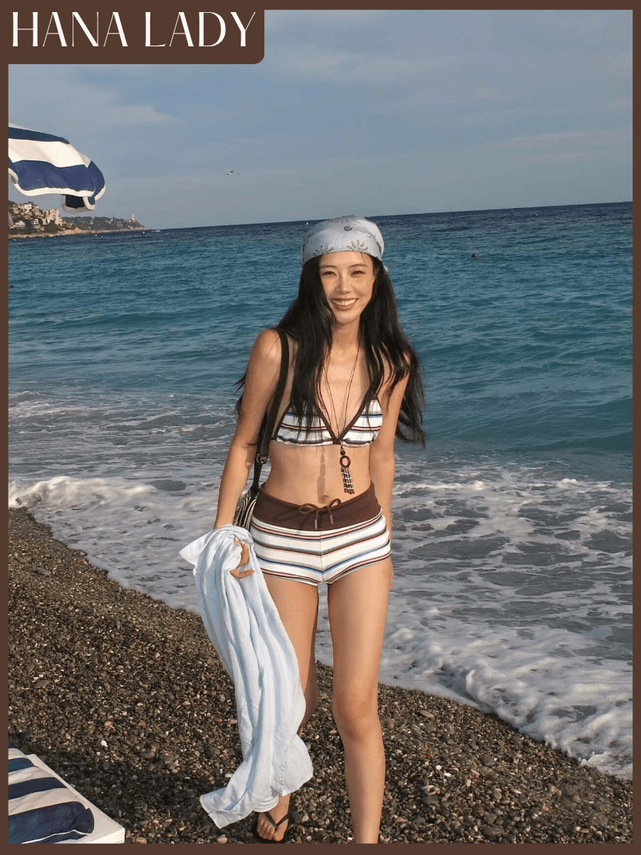 main-09 Bikini 2 Mảnh Đi Biển Quần Cạp Thấp, Set Đồ Bơi Họa Tiết Kẻ Sọc Ngang Tone Nâu Retro HanaLady - BN181 4