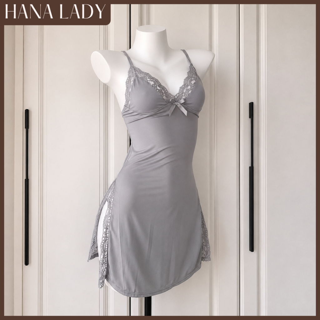 Đầm Ngủ Thun 2 Dây, Váy Ngủ Mặc Nhà Cotton Phối Viền Ren Xẻ Tà Tôn Dáng HanaLady - VN692 14