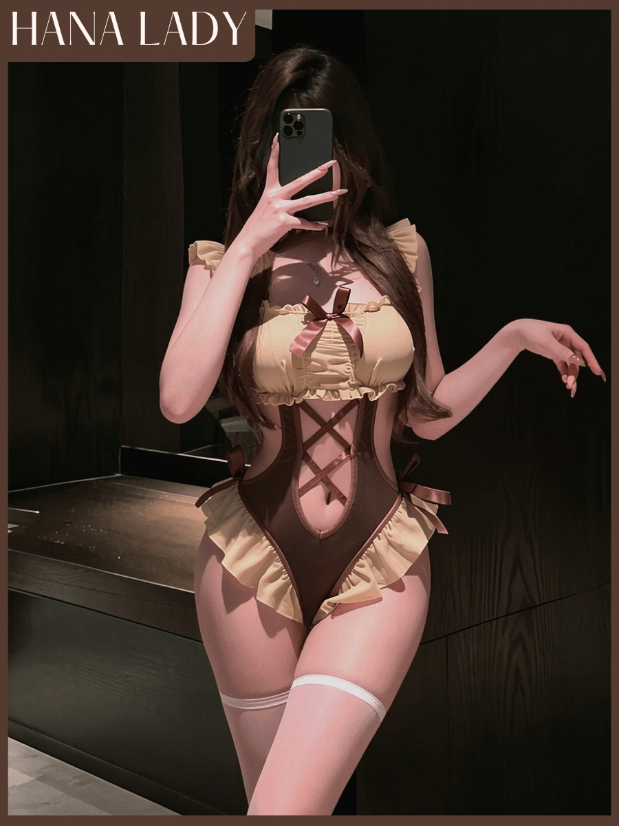 main-01 Bộ Ngủ Bodysuit Nâu Be, Set Đồ Ngủ Cosplay Đan Dây Phối Ren Nơ Dễ Thương HanaLady - CP340 2