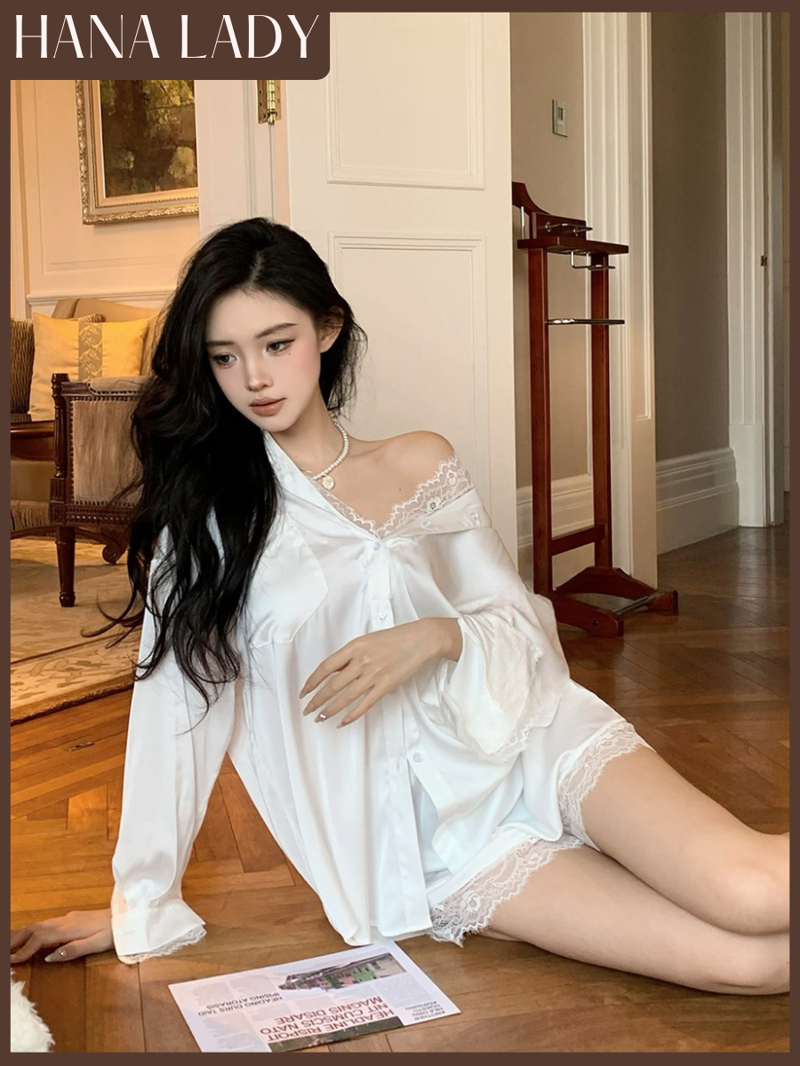 main-01 Set Đồ Ngủ Lụa Nữ, Bộ Ngủ Somi Dài Tay Kèm Quần Ngủ Form Rộng Rũ Chất Lụa Phối Ren Tinh Tế HanaLady - VN689 3