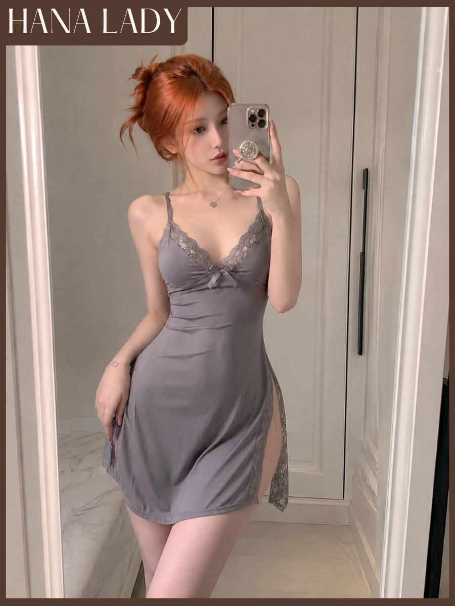 main-02 Đầm Ngủ Thun 2 Dây, Váy Ngủ Mặc Nhà Cotton Phối Viền Ren Xẻ Tà Tôn Dáng HanaLady - VN692 6