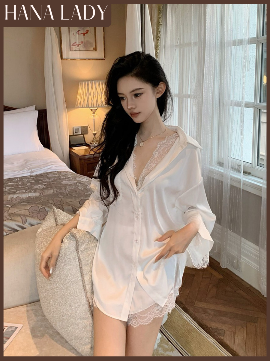 main-02 Set Đồ Ngủ Lụa Nữ, Bộ Ngủ Somi Dài Tay Kèm Quần Ngủ Form Rộng Rũ Chất Lụa Phối Ren Tinh Tế HanaLady - VN689 8