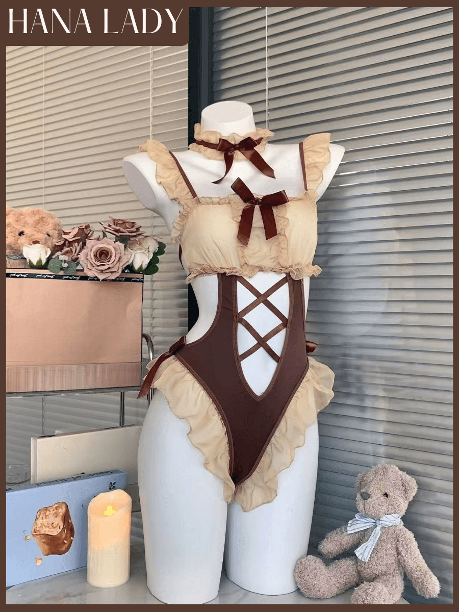 main-03 Bộ Ngủ Bodysuit Nâu Be, Set Đồ Ngủ Cosplay Đan Dây Phối Ren Nơ Dễ Thương HanaLady - CP340 4