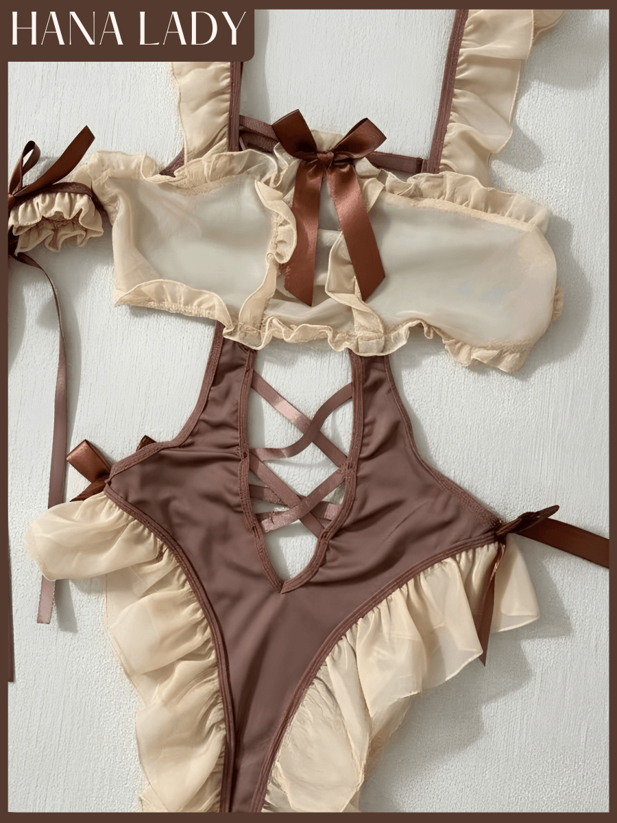 main-04 Bộ Ngủ Bodysuit Nâu Be, Set Đồ Ngủ Cosplay Đan Dây Phối Ren Nơ Dễ Thương HanaLady - CP340 3