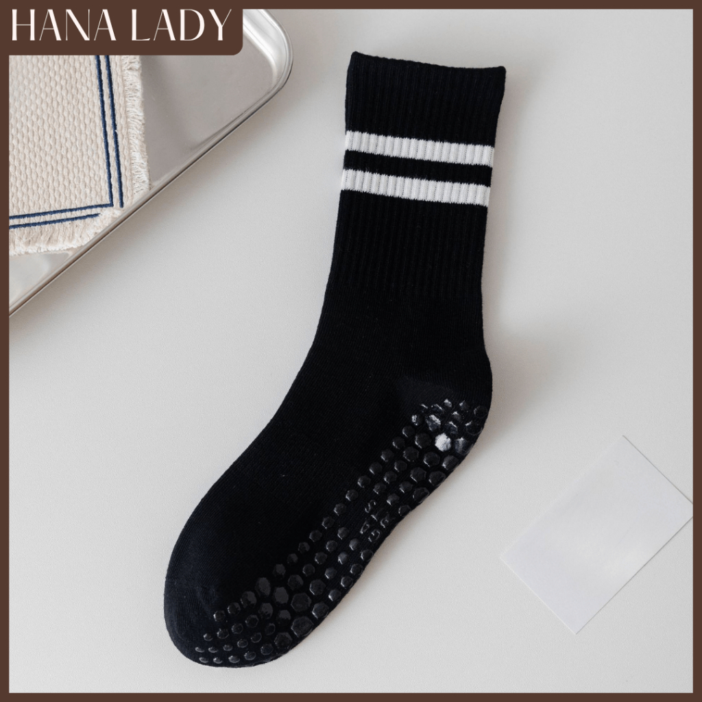 SKU-01-1 ĐÔI ĐEN Tất Vớ Thể Thao Chống Trượt HANALADY, Tất Chống Trơn Nam Nữ Hai Sọc Cổ Cao Tập Yoga Pilates Gym Co Giãn Thoáng Mát TV064 7
