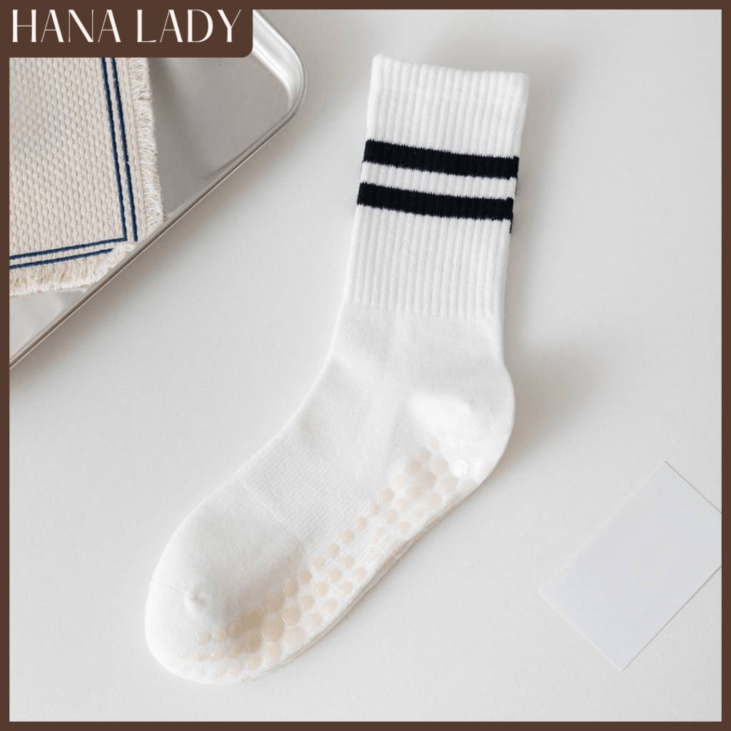 SKU-02-1 ĐÔI TRẮNG Tất Vớ Thể Thao Chống Trượt HANALADY, Tất Chống Trơn Nam Nữ Hai Sọc Cổ Cao Tập Yoga Pilates Gym Co Giãn Thoáng Mát TV064 6
