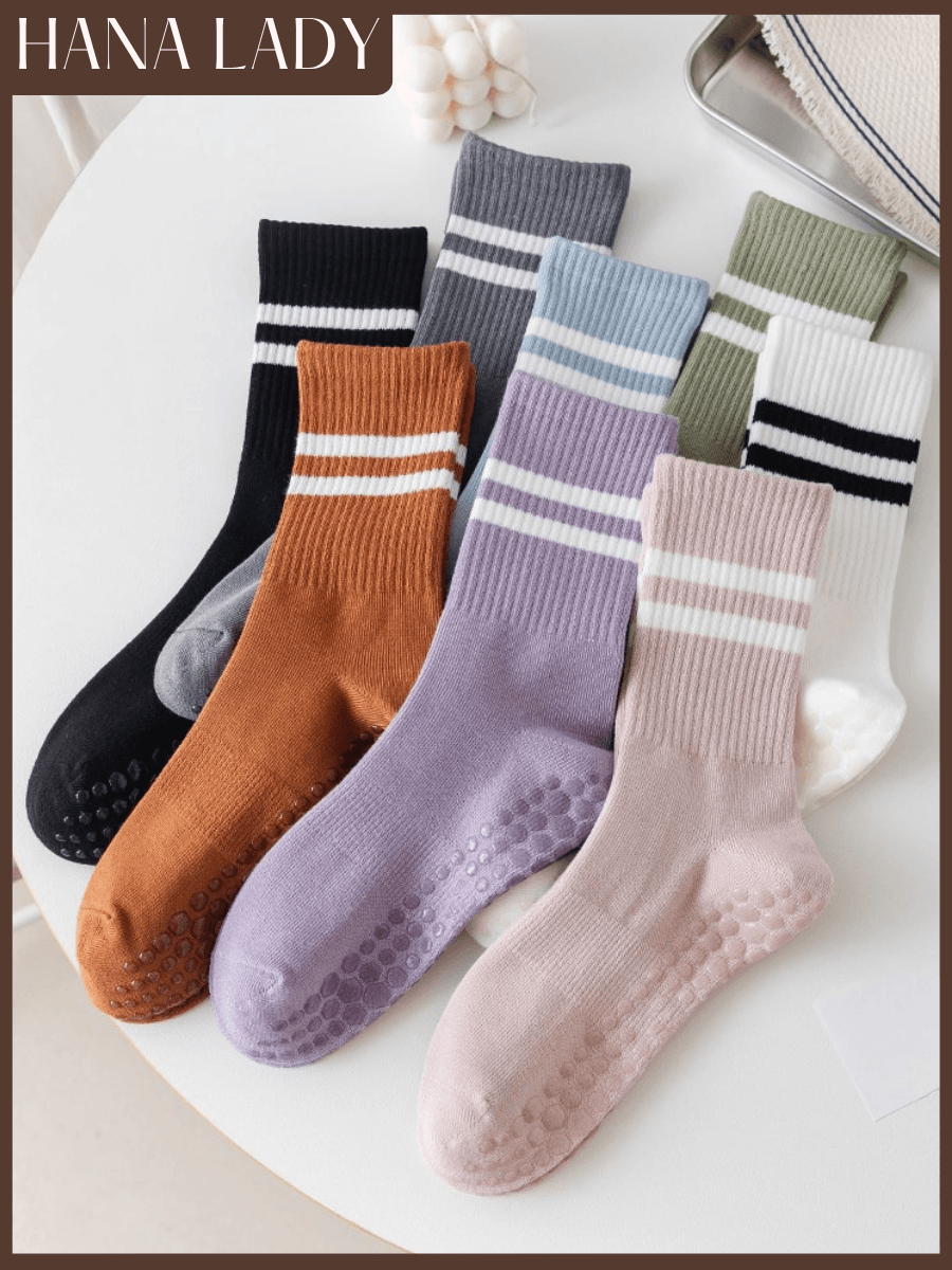 detail-05 Tất Vớ Thể Thao Chống Trượt HANALADY, Tất Chống Trơn Nam Nữ Hai Sọc Cổ Cao Tập Yoga Pilates Gym Co Giãn Thoáng Mát TV064 4