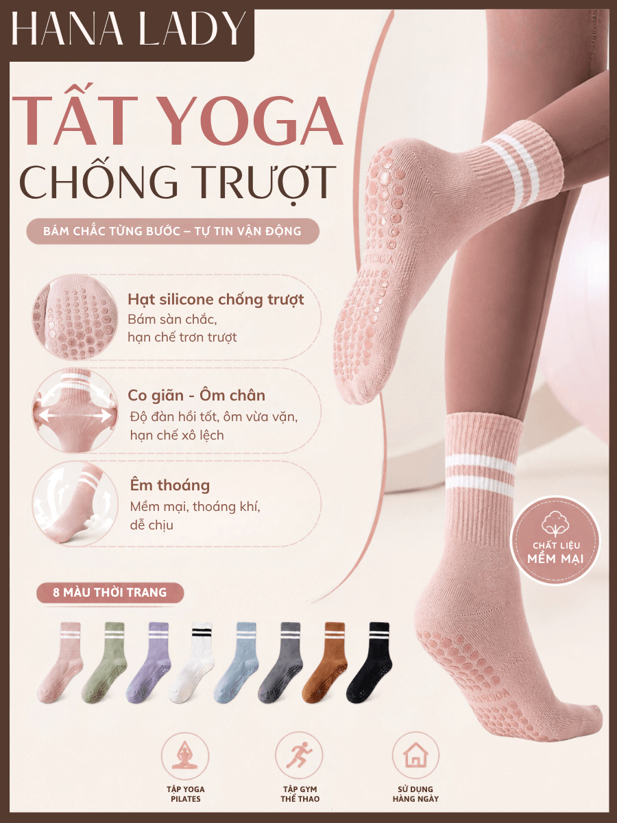 main-01 Tất Vớ Thể Thao Chống Trượt HANALADY, Tất Chống Trơn Nam Nữ Hai Sọc Cổ Cao Tập Yoga Pilates Gym Co Giãn Thoáng Mát TV064 3