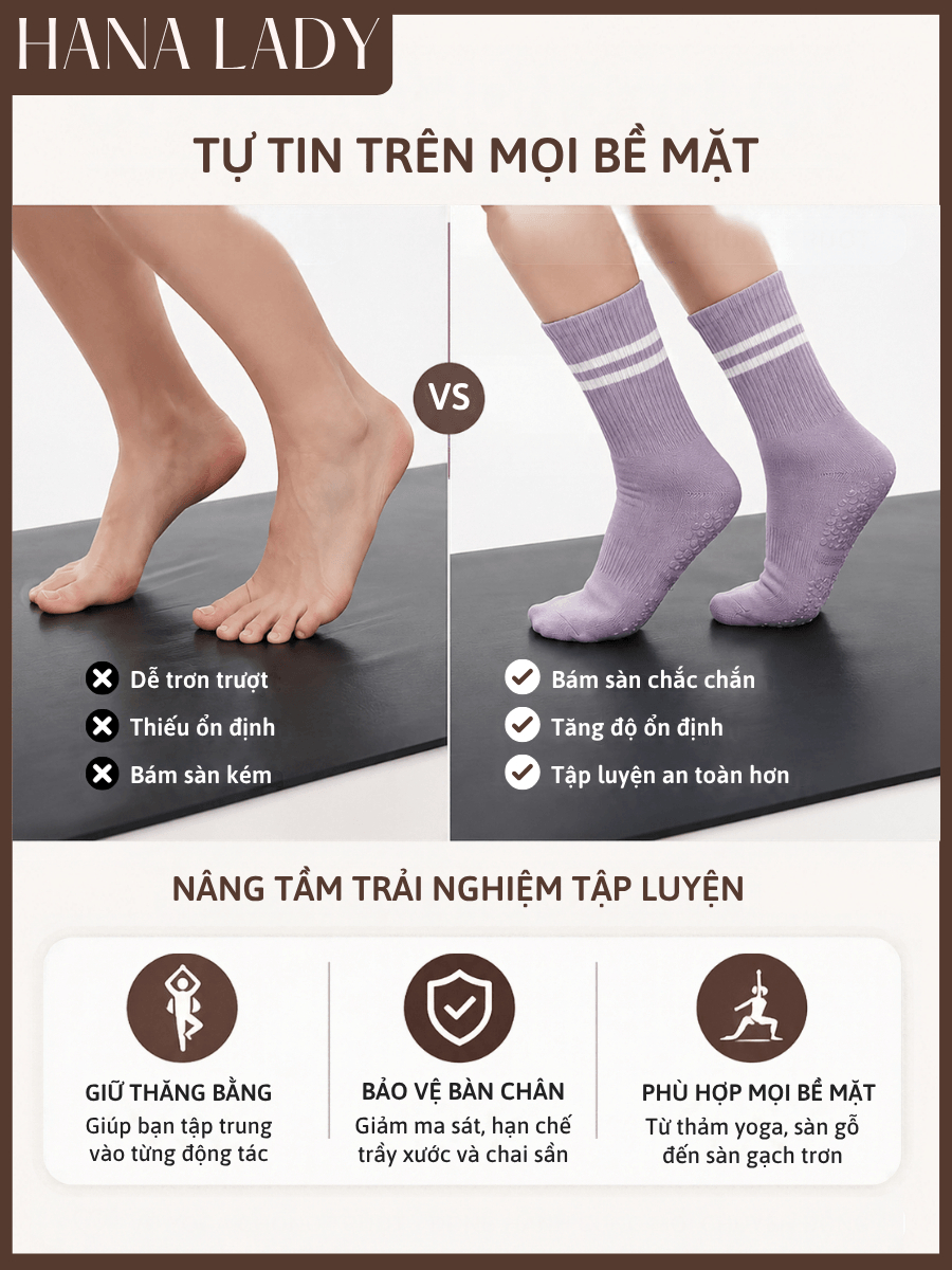main-04 Tất Vớ Thể Thao Chống Trượt HANALADY, Tất Chống Trơn Nam Nữ Hai Sọc Cổ Cao Tập Yoga Pilates Gym Co Giãn Thoáng Mát TV064 9