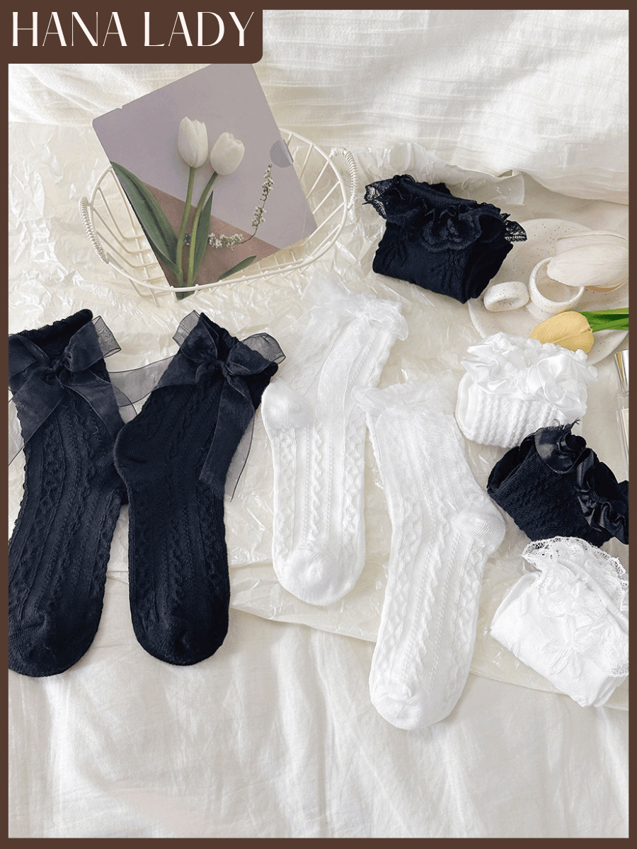Set 3 Đôi Tất Trắng Nữ HANALADY, Tất Vớ Cotton Cổ Bèo Phối Ren Cho Nữ Dễ Thương TV066 11