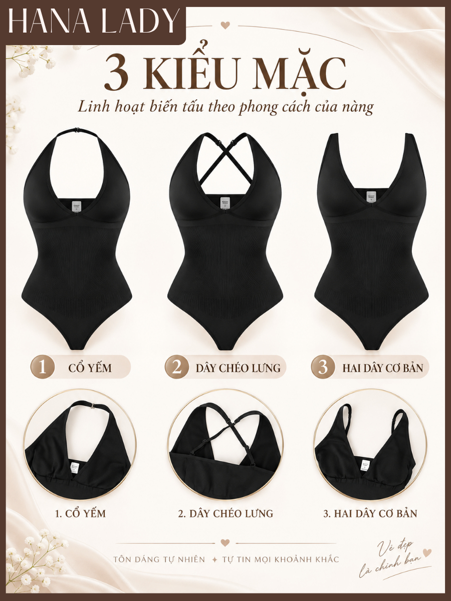 Bodysuit Định Hình HANALADY, Áo Định Hình Cổ Khoét Sâu Mặc Được Nhiều Kiểu Tặng Kèm Dây Vai, Siết Eo Tôn Dáng SH04 15
